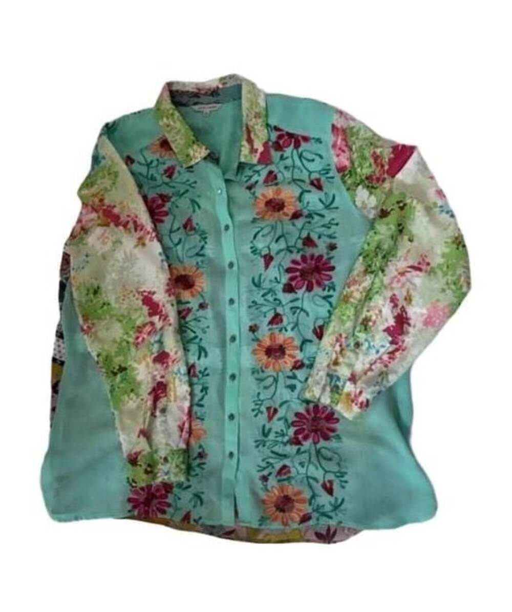 John Mark Embroidered Floral Patchwork Button Up Blouse Size XL